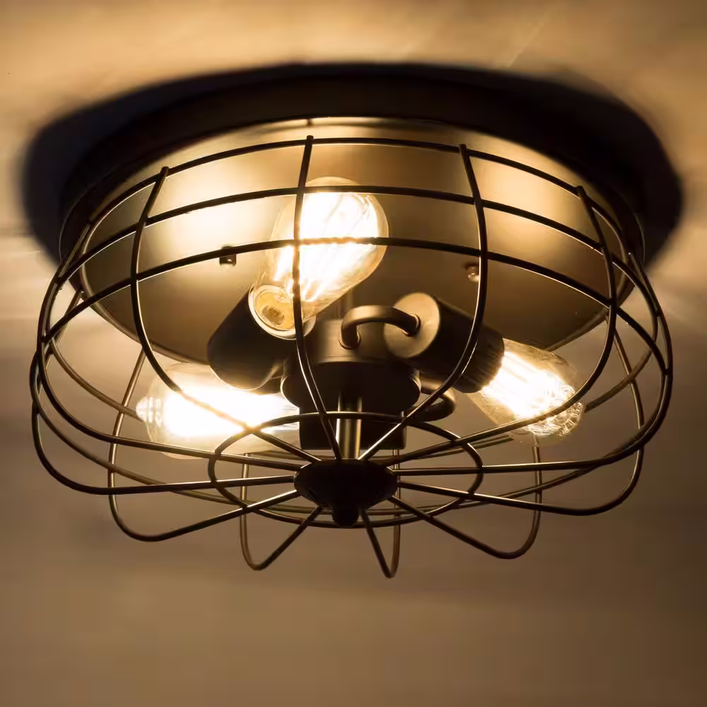 Merra 15 in. Industrial 3-Light Oil Rubbed Bronze Metal Cage Flush Mount