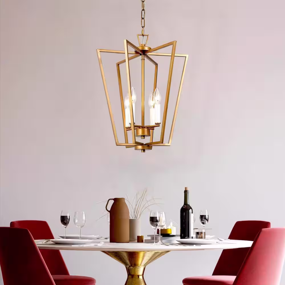 Uolfin Antique Gold Rectangle Chandelier Light, Quinn 4-Light Modern Geometric Chandelier
