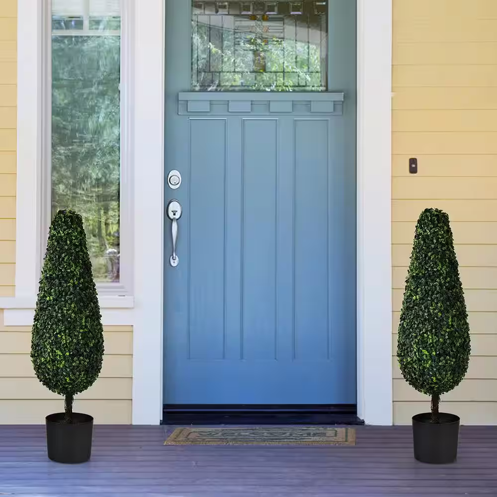 None 35 in. Green Artificial Boxwood Tower Topiary Tree in Pot UV Resistant Indoor Outdoor (2-Pack)