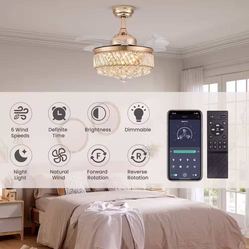 None 36 in. Modern Indoor Retractable Blade Ceiling Fan with LED Light and Remote Control Gold Crystal Ceiling Fan Light