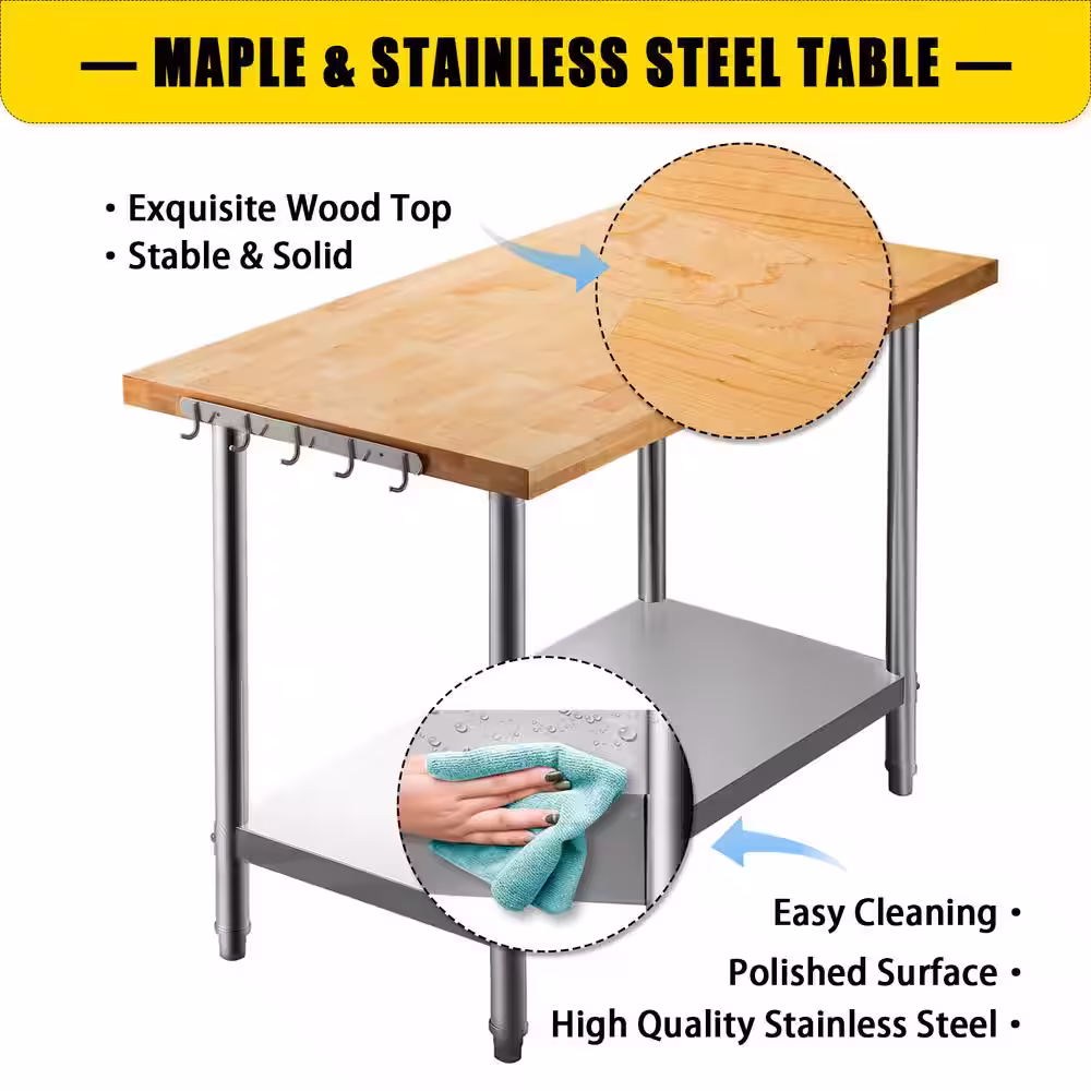 VEVOR Maple Top Work Table 36 x 30 in. Stainless Steel Kitchen Prep Table Wood with Lower Shelf Kitchen Utility Table