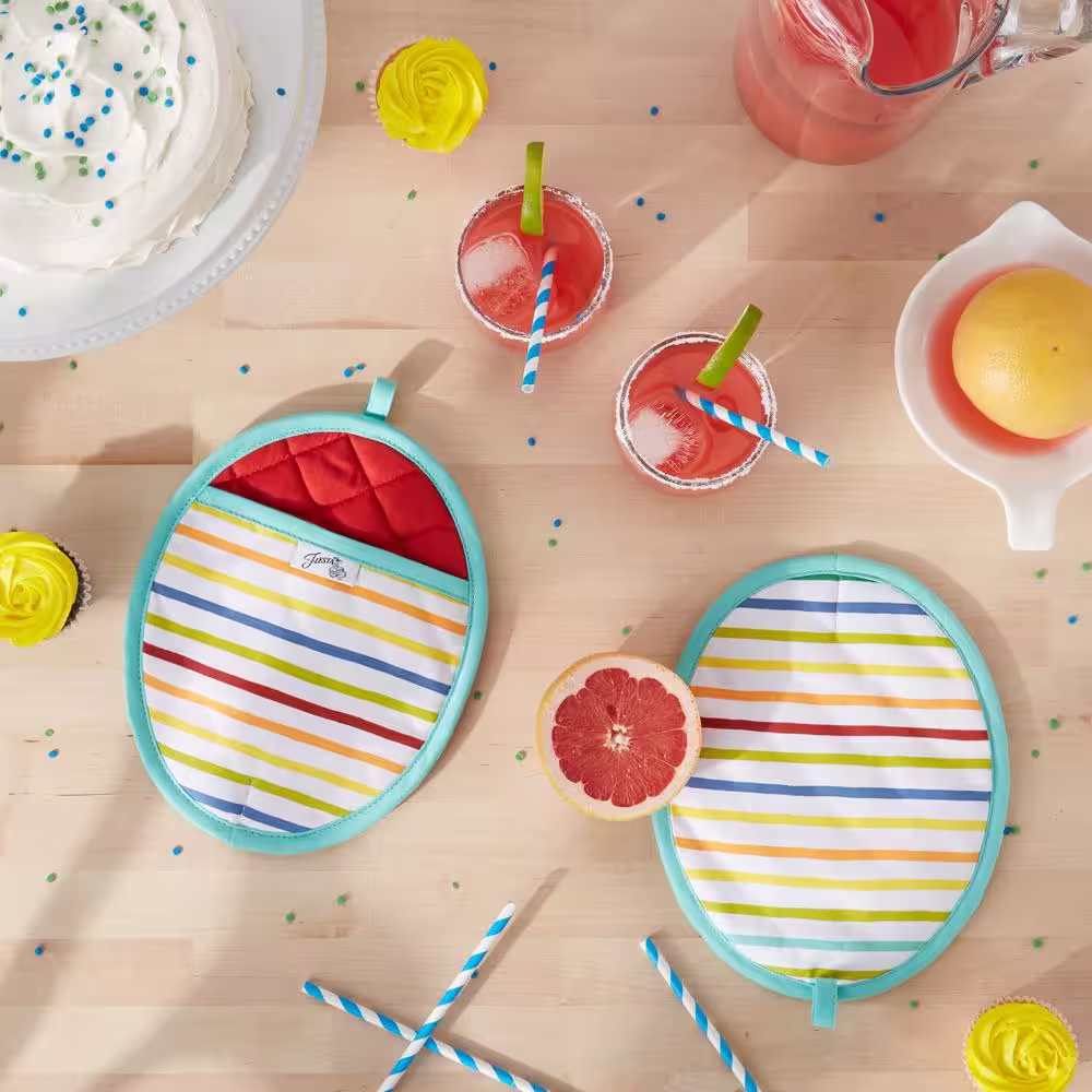 Fiesta Tropical Stripe Aqua Multicolored Cotton Pot Holder Set (2-Pack)