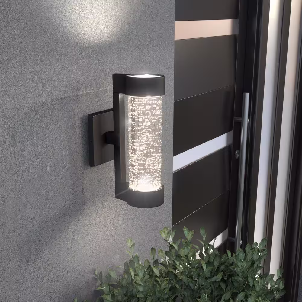 Home Decorators Collection Ansel Black Modern Bubble Glass Integrated LED Outdoor Hardwired Garage and Porch Light Cylinder Sconce