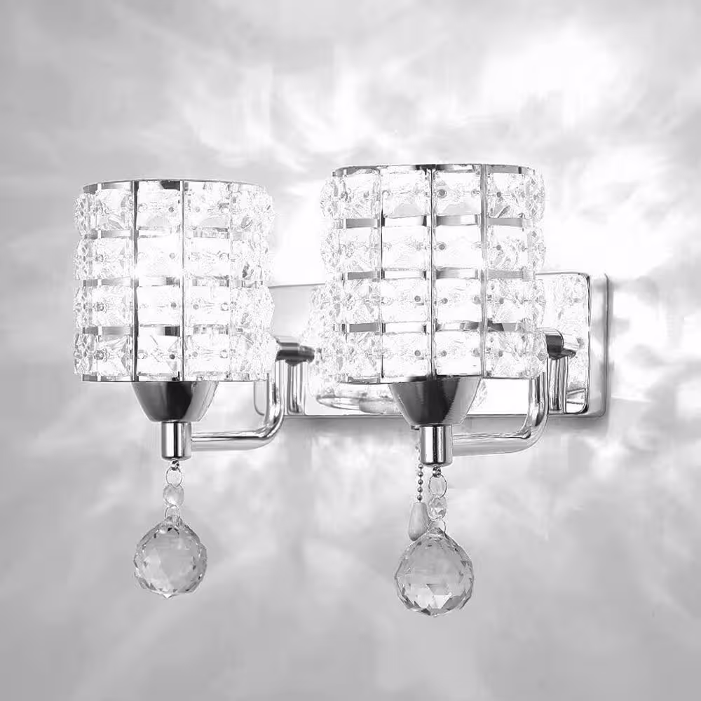 LamQee 2-Light 9 in. Silver Wall Sconce-Light with Crystal Glass Shade