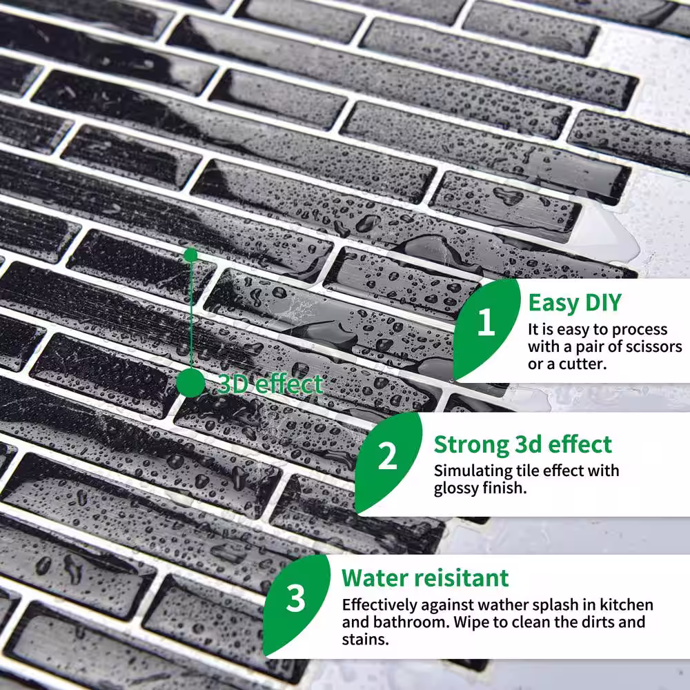 LONGKING Strip Black 12 in. x 12 in. Vinyl Peel and Stick Tile Backsplash (8.6 sq.ft./10 Sheets)