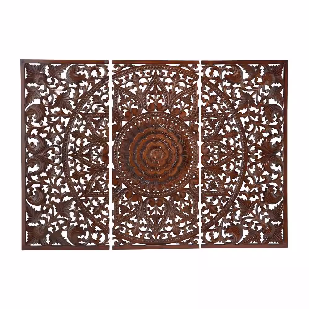 Litton Lane Wood Brown Handmade Intricately Carved Floral Wall Decor with Mandala Design (Set of 3)