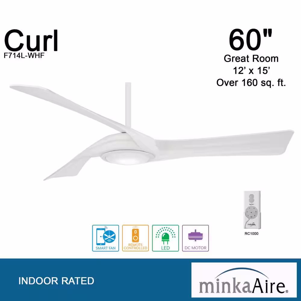 MINKA-AIRE Curl 60 in. LED Indoor Flat White Smart Ceiling Fan with Light and Remote Control