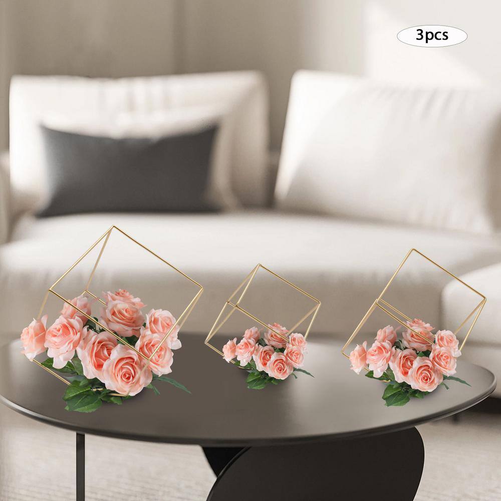 None Metal Hexagon Shaped Geometric Design Flower Stand Iron Vase for Wedding Decoration Gold Cube Display Rack (3 pcs)