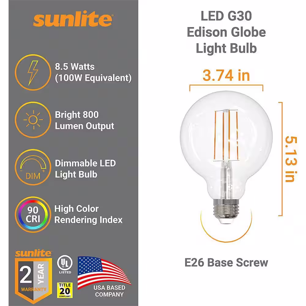 Sunlite 100-Watt Equivalent E26 Dimmable Edison Filament Decorative Clear G25 Globe LED Light Bulb 2700K in Warm White (4-Pack)