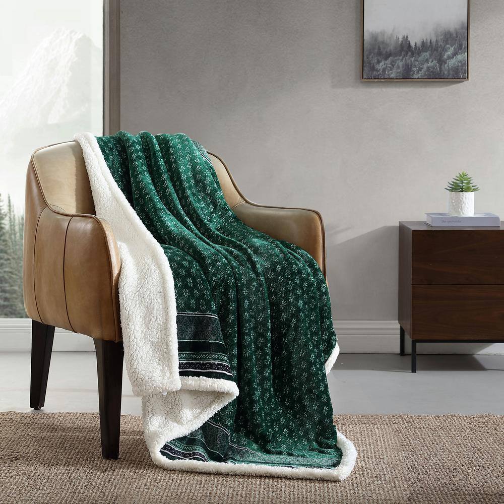 EDDIE BAUER Fair Isle Ultra Soft Sherpa Green Microfiber Throw Blanket