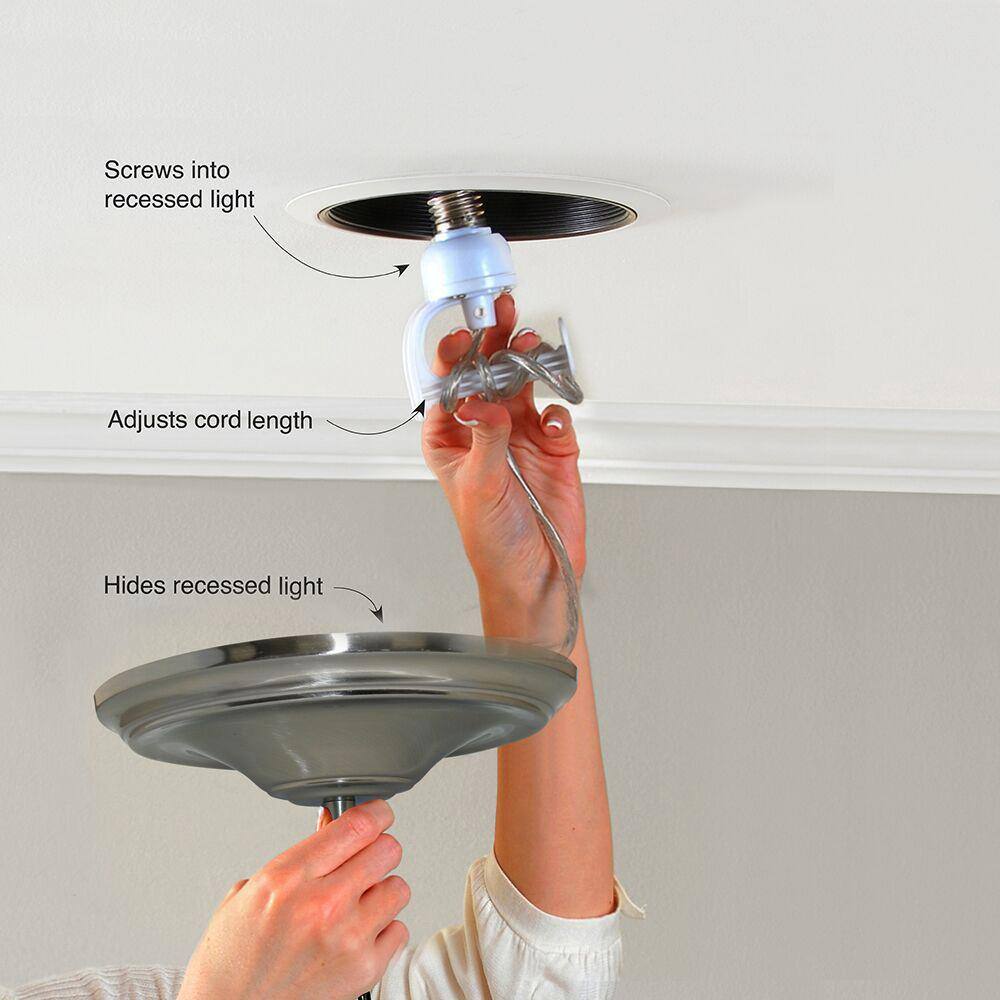 Worth Home Products WHP 1-Light Recessed Light Conversion Kit Brushed Nickel Shaded Pendant Light with Modern Cylinder Clear Glass Shade