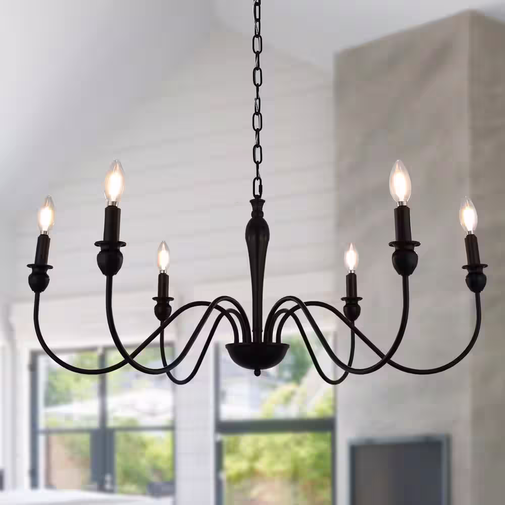 YANSUN Modern Farmhouse Dining Room Chandelier 6-Light Mattle Black Large Island Candlestick Chandelier Pendant