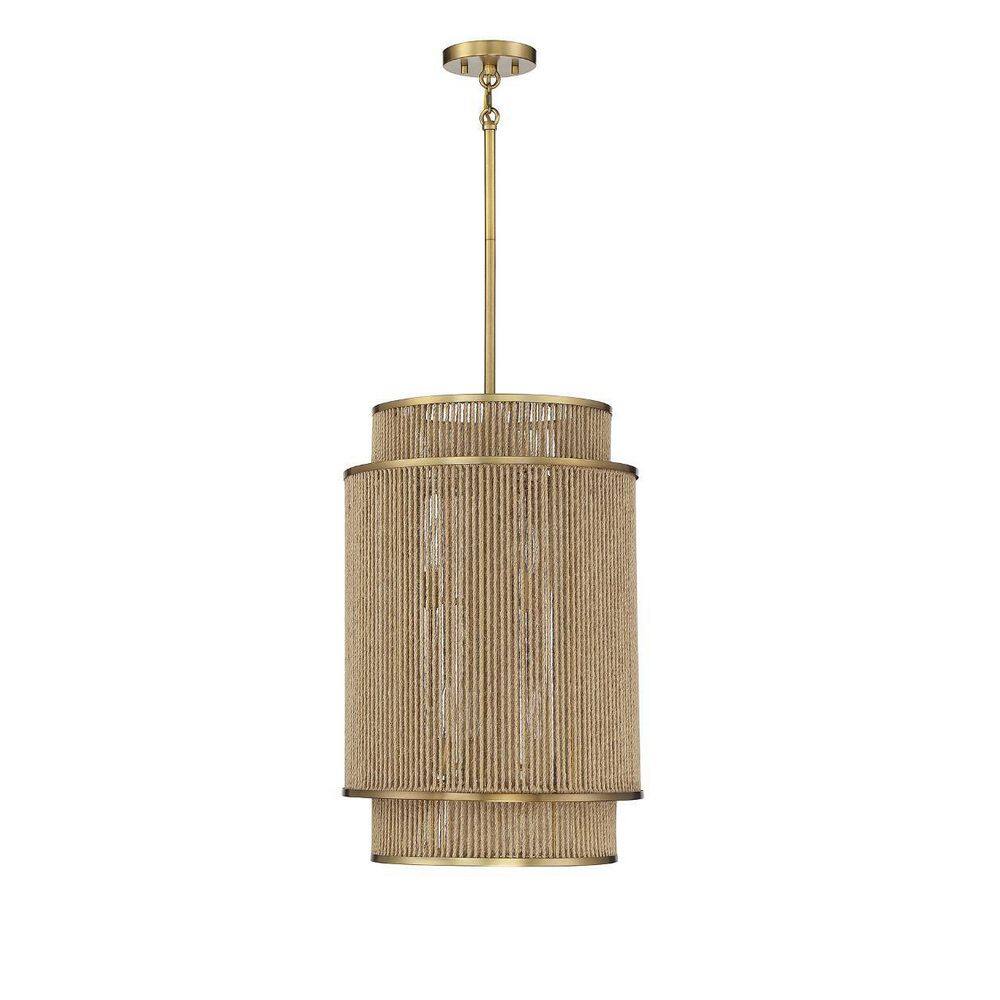 Savoy House Ashburn 16 in. W x 24.5 in. H 6-Light Warm Brass Statement Pendant Light with Rope Cylindrical Shade
