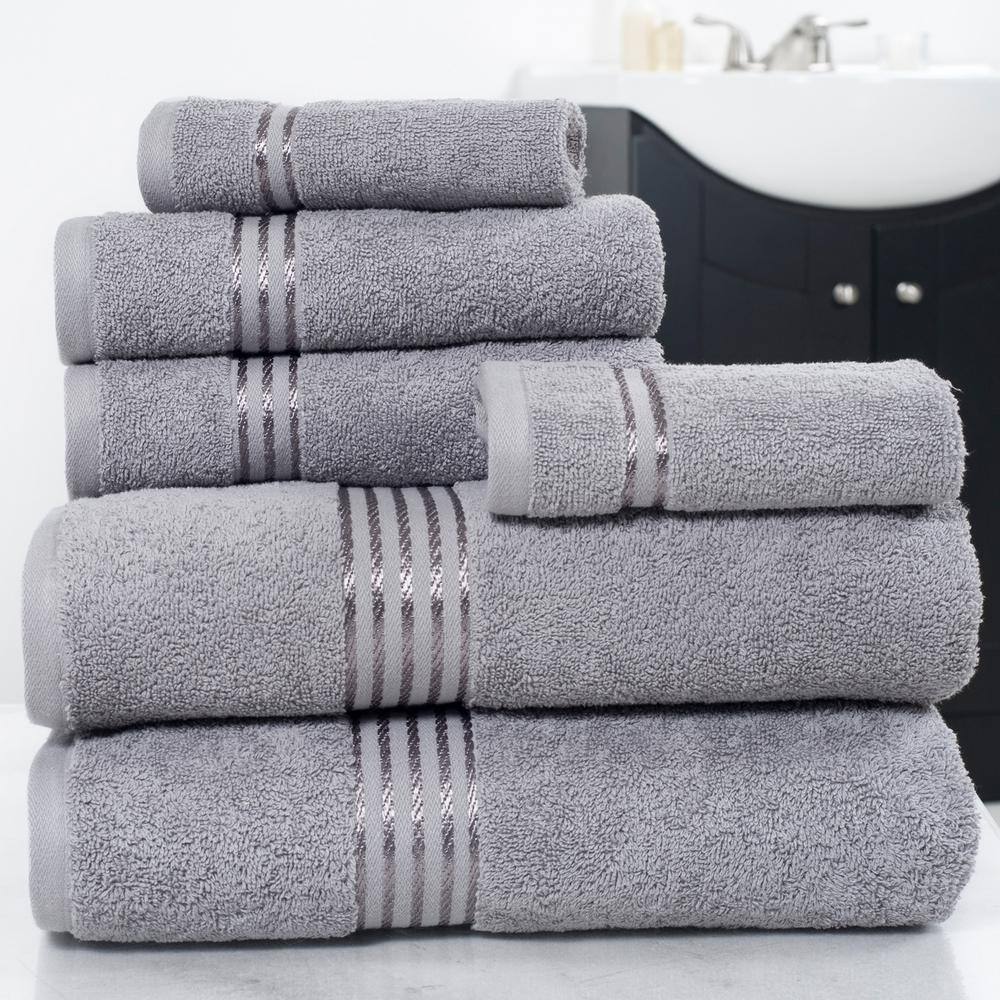 None 6-Piece Silver Solid 100% Cotton Bath Towel Set with Satin Stripes