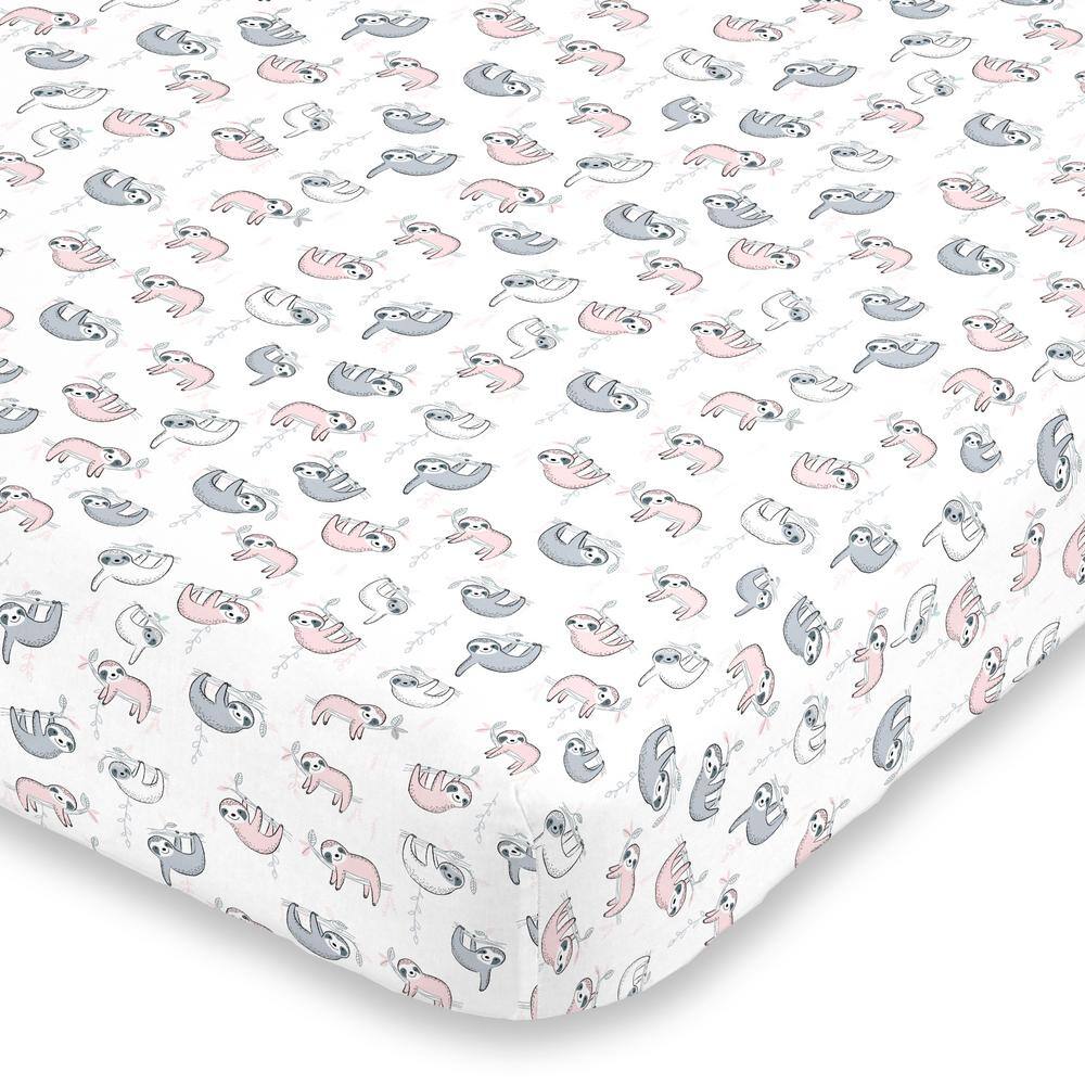 NoJo Super Soft Pink, Grey and White Sloth Polyester Fitted Crib Sheet