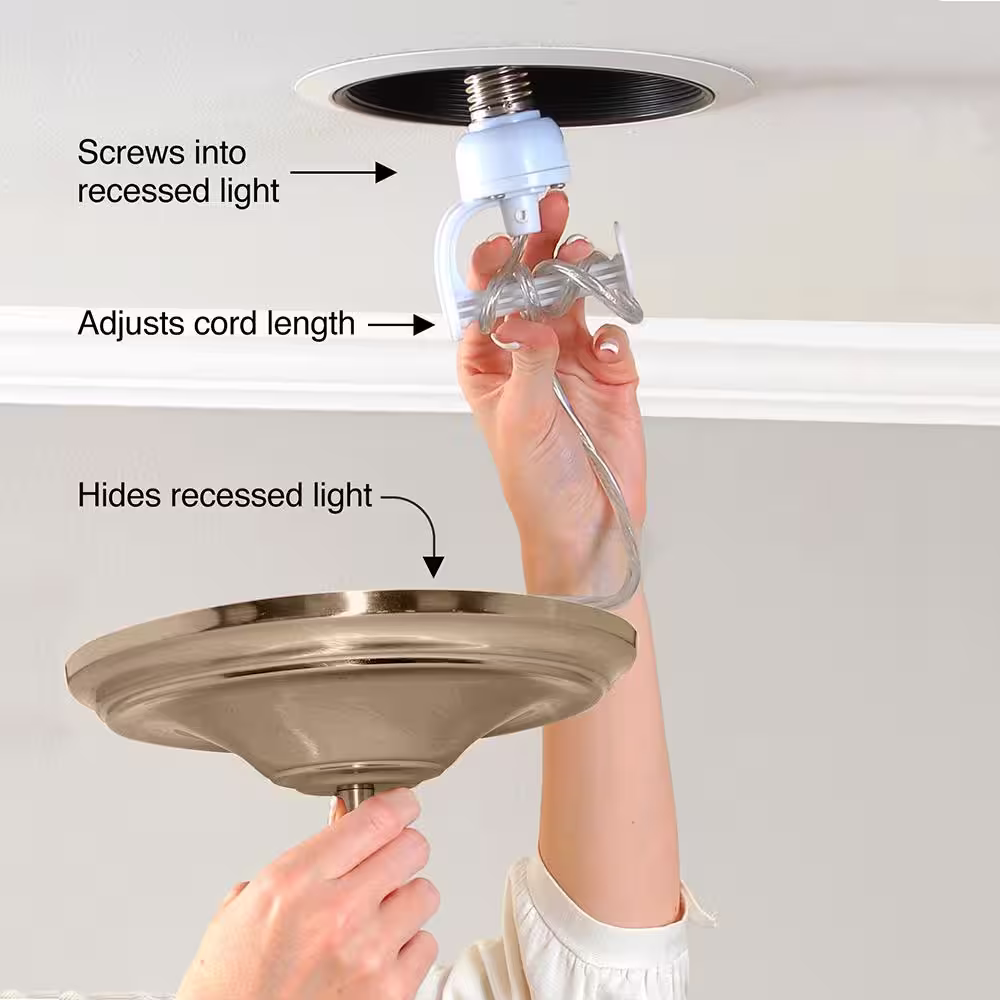 Worth Home Products WHP 1-Light Recessed Light Conversion Kit Satin Brass Shaded Pendant Light with Modern Cylinder Clear Glass Shade