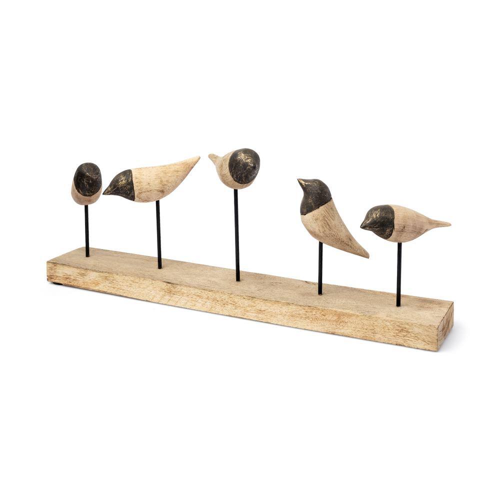 Mercana Yardley II five carved wooden birds on wooden display