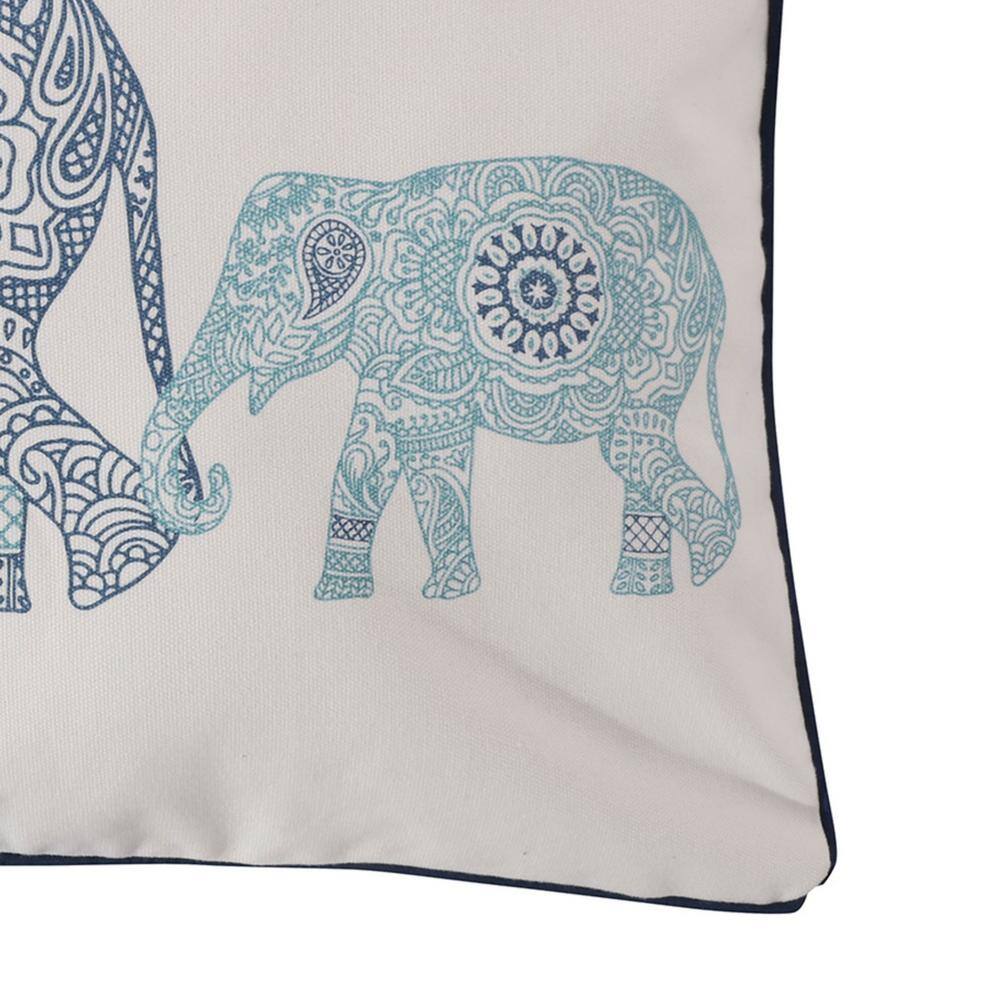 None Tania Teal, Navy and White Printed Elephants 20 in. x 14 in. Throw Pillow