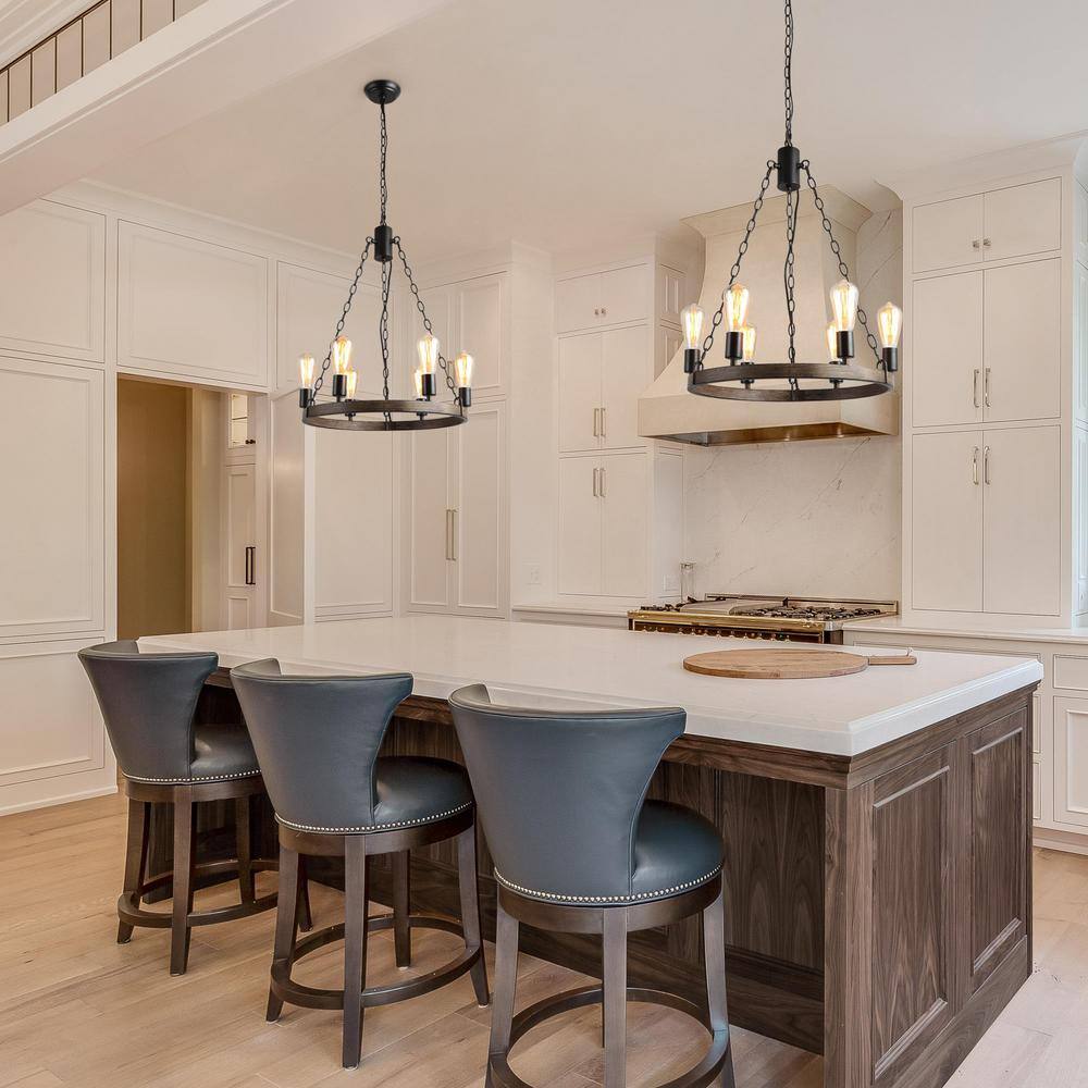 LNC Sombre 6-Light Black Modern Farmhouse Wagon Wheel Chandelier with Brushed Brown Faux Wood Accent for Kitchen Island