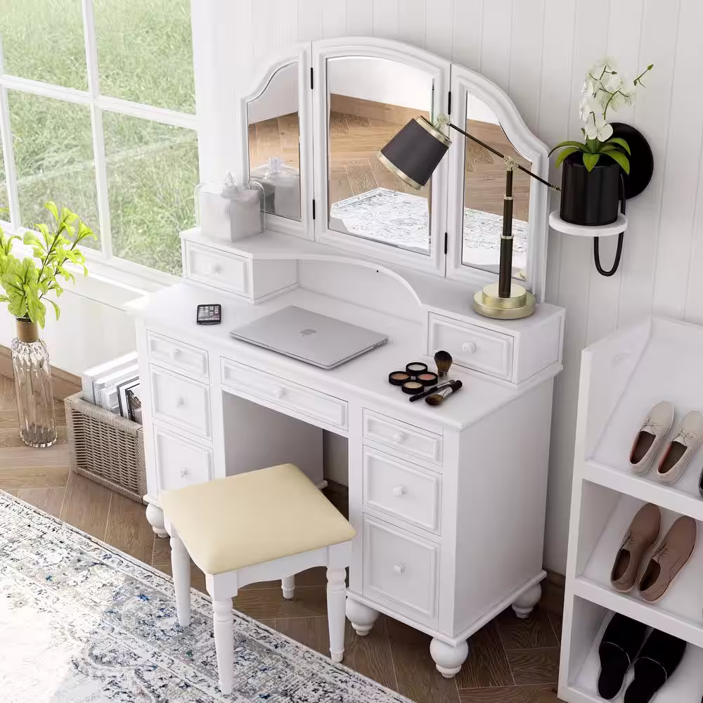 Furniture of America Zulpo 2-Piece White Tri-Panel Mirror Vanity Set