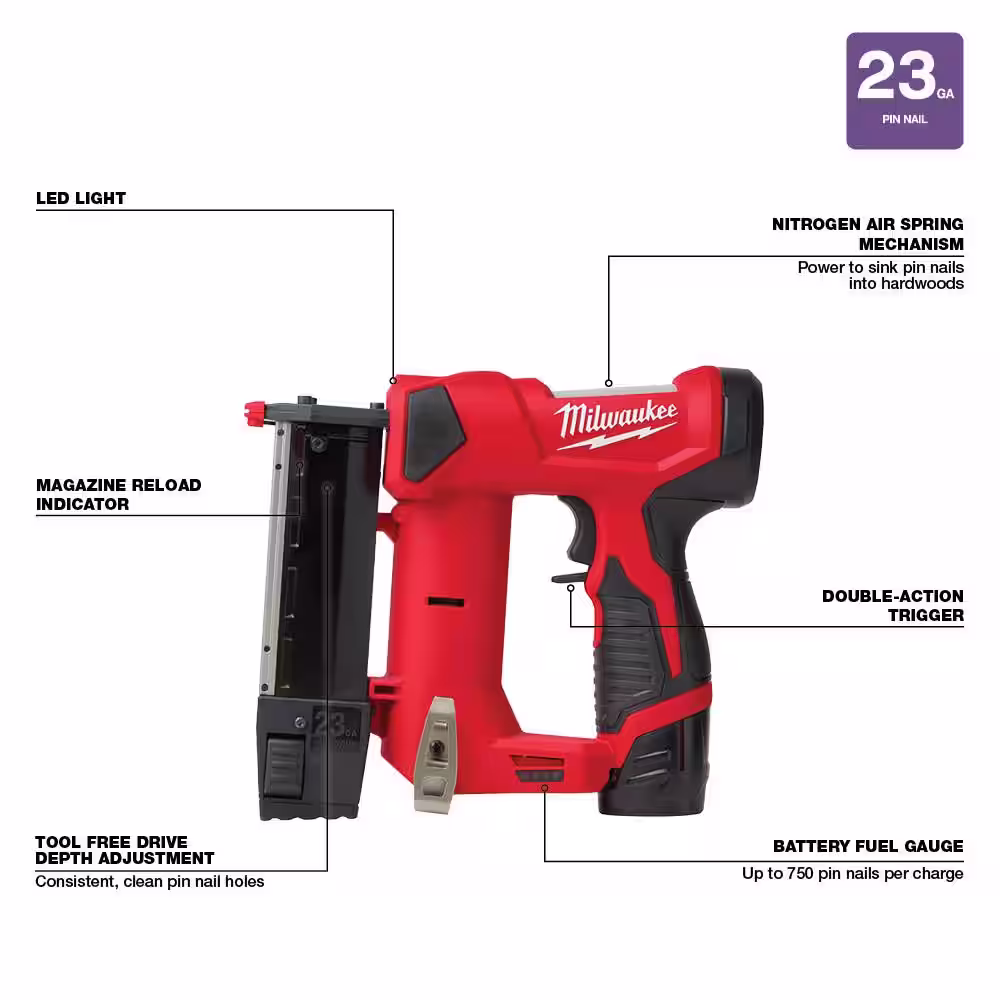 Milwaukee M12 12-Volt 23-Gauge Lithium-Ion Cordless Pin Nailer Kit with M12 12-Volt Lithium-Ion Cordless 3/8 in. Crown Stapler