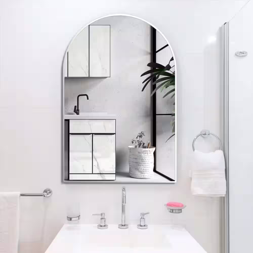 None 30 in. H x 20 in. W Vanity Mirror with Metal Frame for Bathroom, Bedroom, Entryway, Modern Arch Top Wall Mirror (Silver)