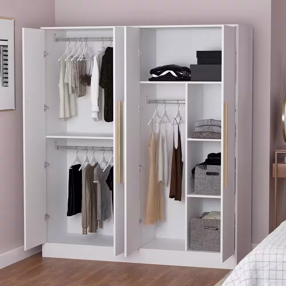 FUFU&GAGA White 4-Door Wardrobe Armoire with Hanging Rod and Storage Shelves (70.9 in. H x 61.7 in. W x 19.7 in. D)