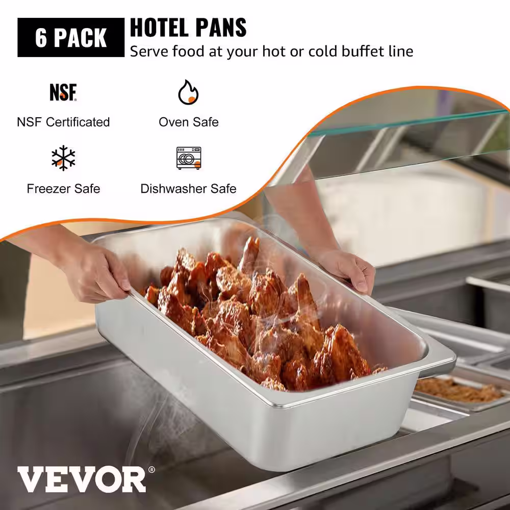 VEVOR 21.7 qt. Stainless Steel Hotel Pans Full Size 20.9 x 12.8 x 5.9 in. Chafing Dish Buffet Set Roasting Pan (6-Pack)