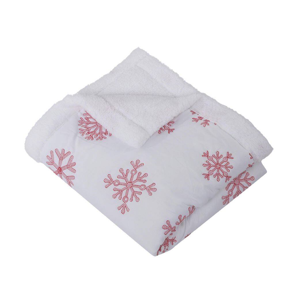 None Red Snowflake White Red Snowflake Reverse to Sherpa Microfiber Throw Blanket