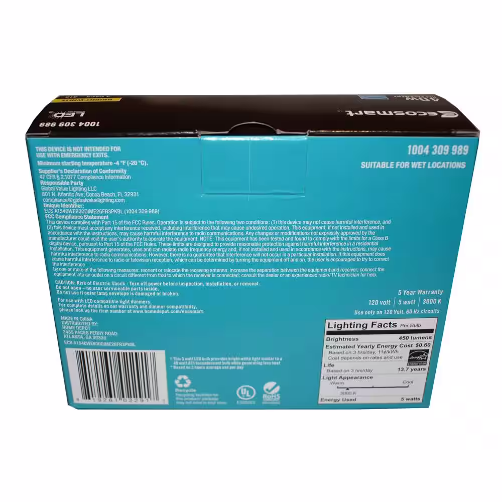 EcoSmart 40-Watt Equivalent A15 Dimmable ENERGY STAR Frosted Glass Filament Vintage Edison LED Light Bulb Bright White (3-Pack)