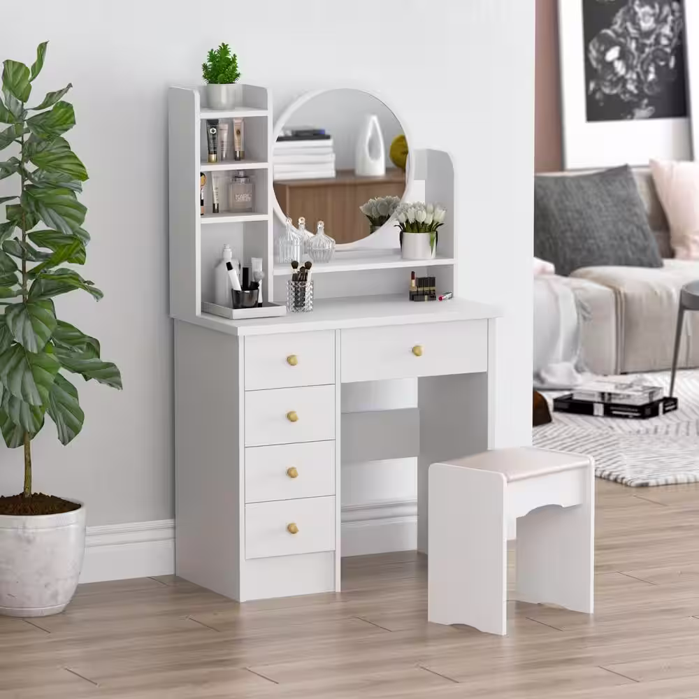 WIAWG 5-Drawers White Makeup Vanity Table Set with Stool Dressing Desk Vanity Wood with Round Mirror Storage Shelves