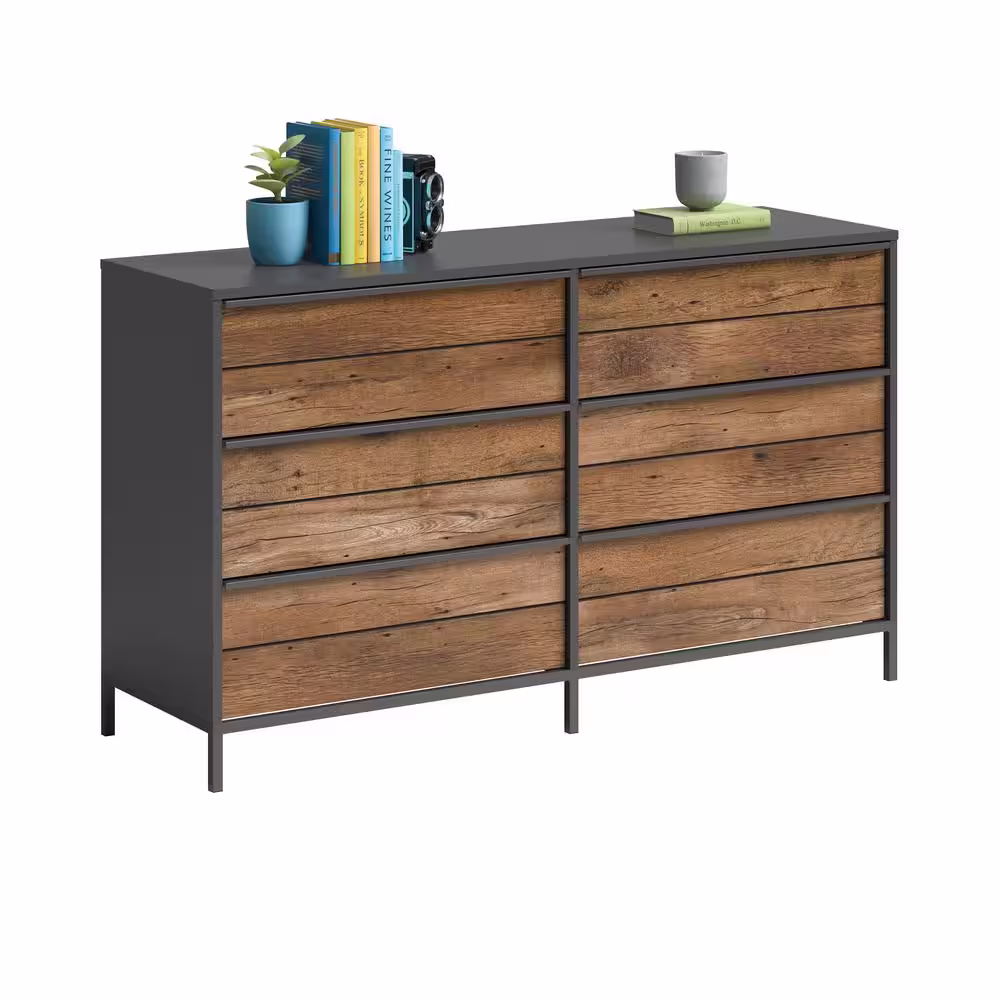 SAUDER Boulevard Cafe 6-Drawer Black Dresser with Vintage Oak Accents