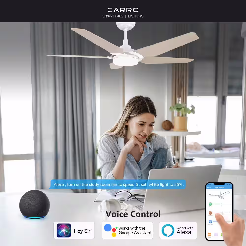 CARRO Voyager 52 in. Dimmable LED Indoor/Outdoor White Smart Ceiling Fan with Light/Remote, Works with Alexa/Google Home