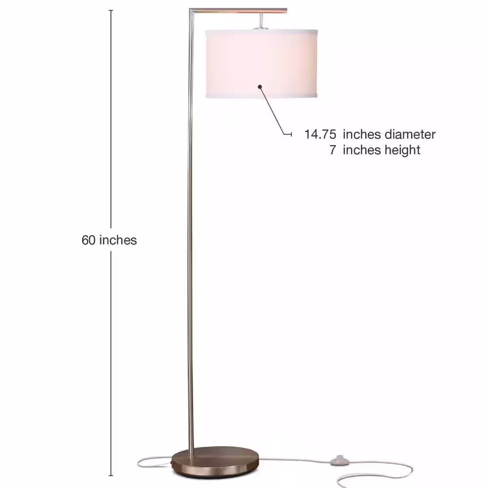 Brightech Montage Modern 60 in. Satin Nickel LED Arc Floor Lamp with White Fabric Drum Shade