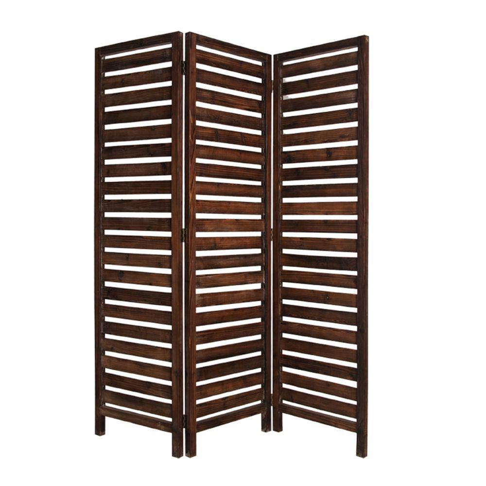 Benjara Dark Brown 3 Panel Foldable Wooden Screen with Louver Pattern