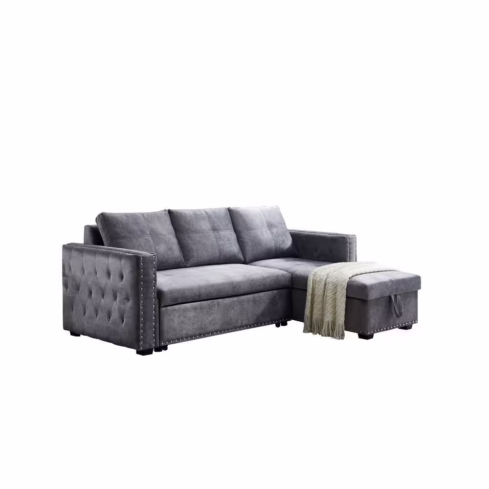Morden Fort Reversible 90.5in. Gray Velvet Sleeper Sectional Sofa L-Shape 3 Seat Sectional Couch with Storage