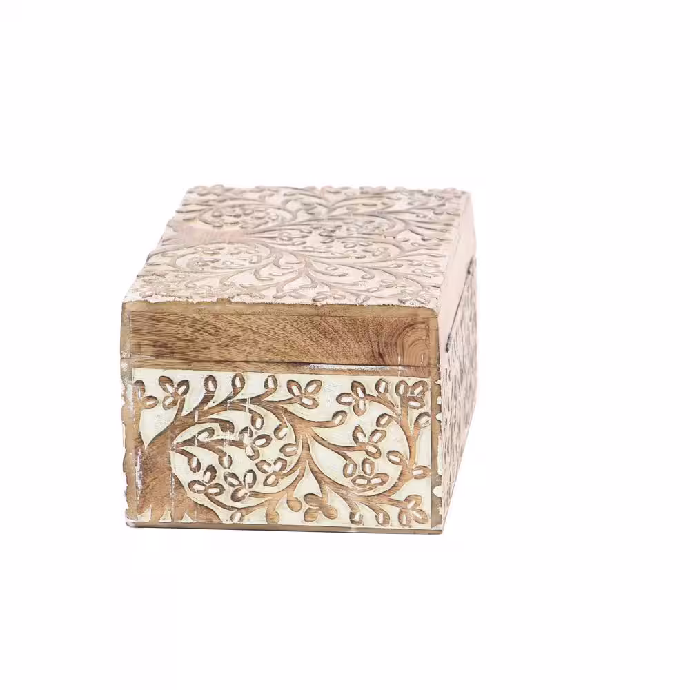 Litton Lane Rectangle Mango Wood Floral Box with Hinged Lid (Set of 3)