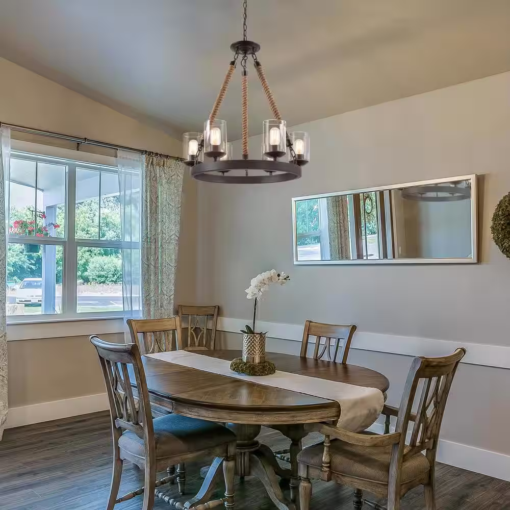 LNC Farmhouse 6-Light Dark Brown Wagon Wheel Island Rustic Chandelier with Cylinder Clear Glass Shades and Natural Ropes