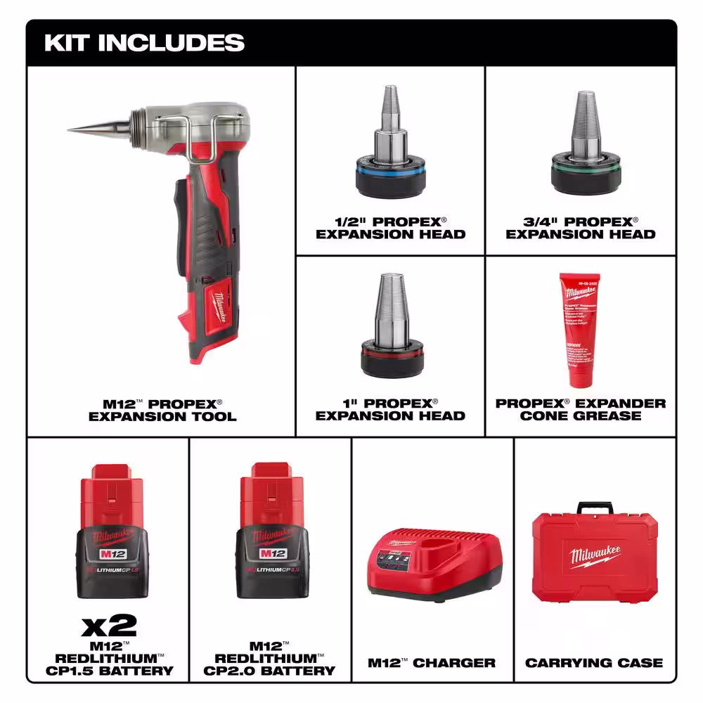 Milwaukee M12 12-Volt Lithium-Ion Cordless 0.5 in. to 1 in. PEX Expansion Tool Kit with Extra M12 2.0 Ah Compact Battery