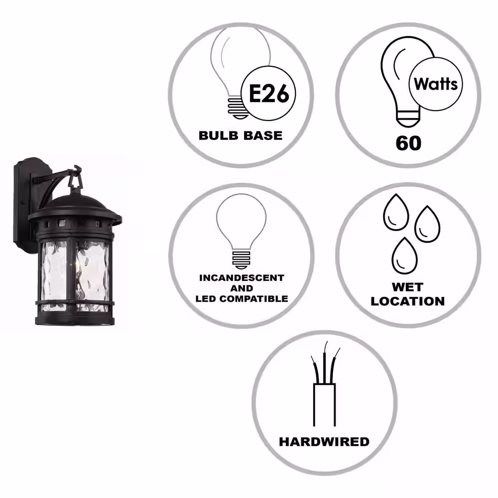 Bel Air Lighting Boardwalk 16.25 in. 1-Light Black Outdoor Wall Light Fixture with Clear Water Glass