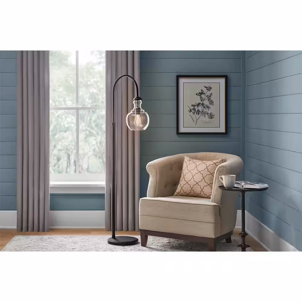Home Decorators Collection Bakerston 60 in. Matte Black Arc Floor Lamp with Clear Glass Shade