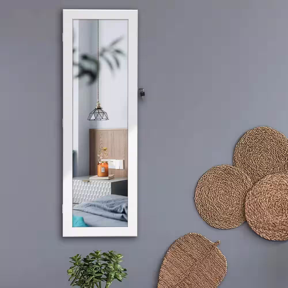 None White Jewelry Lockable Storage Mirror Cabinet Can Be Hung On The Door Or Wall