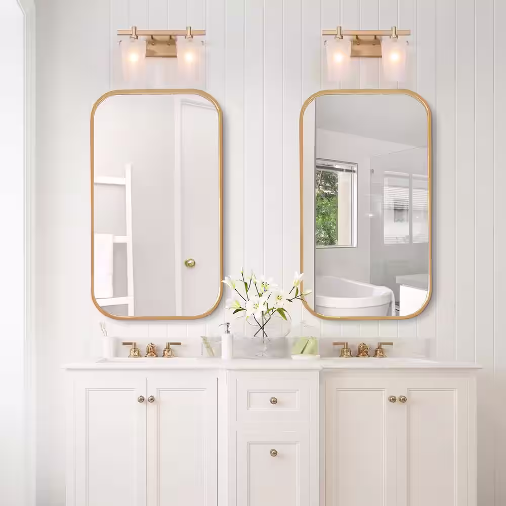 Uolfin 2-Light Modern Gold Linear Bathroom Wall Sconce with Frosted Glass Shades