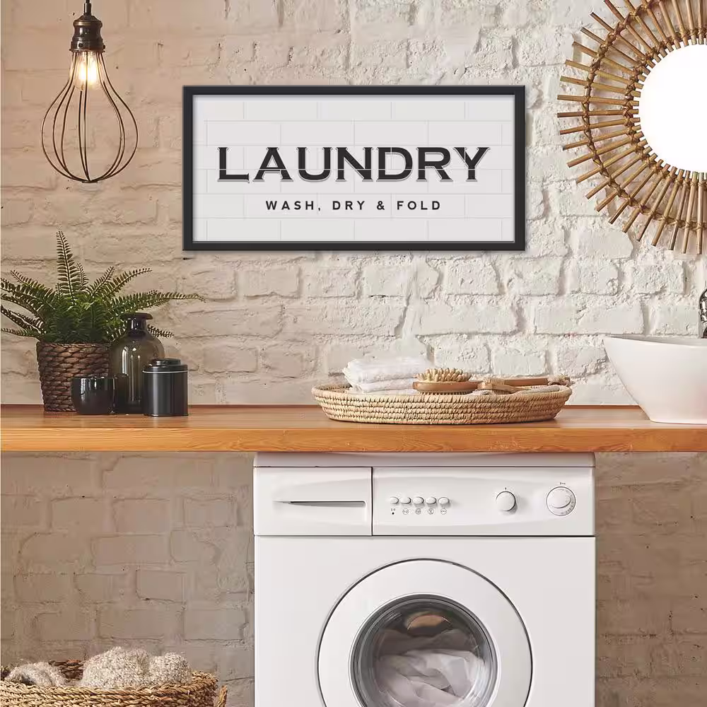 RoomMates Black and White Laundry Wash Dry and Fold Tile and Type Framed Wall Art