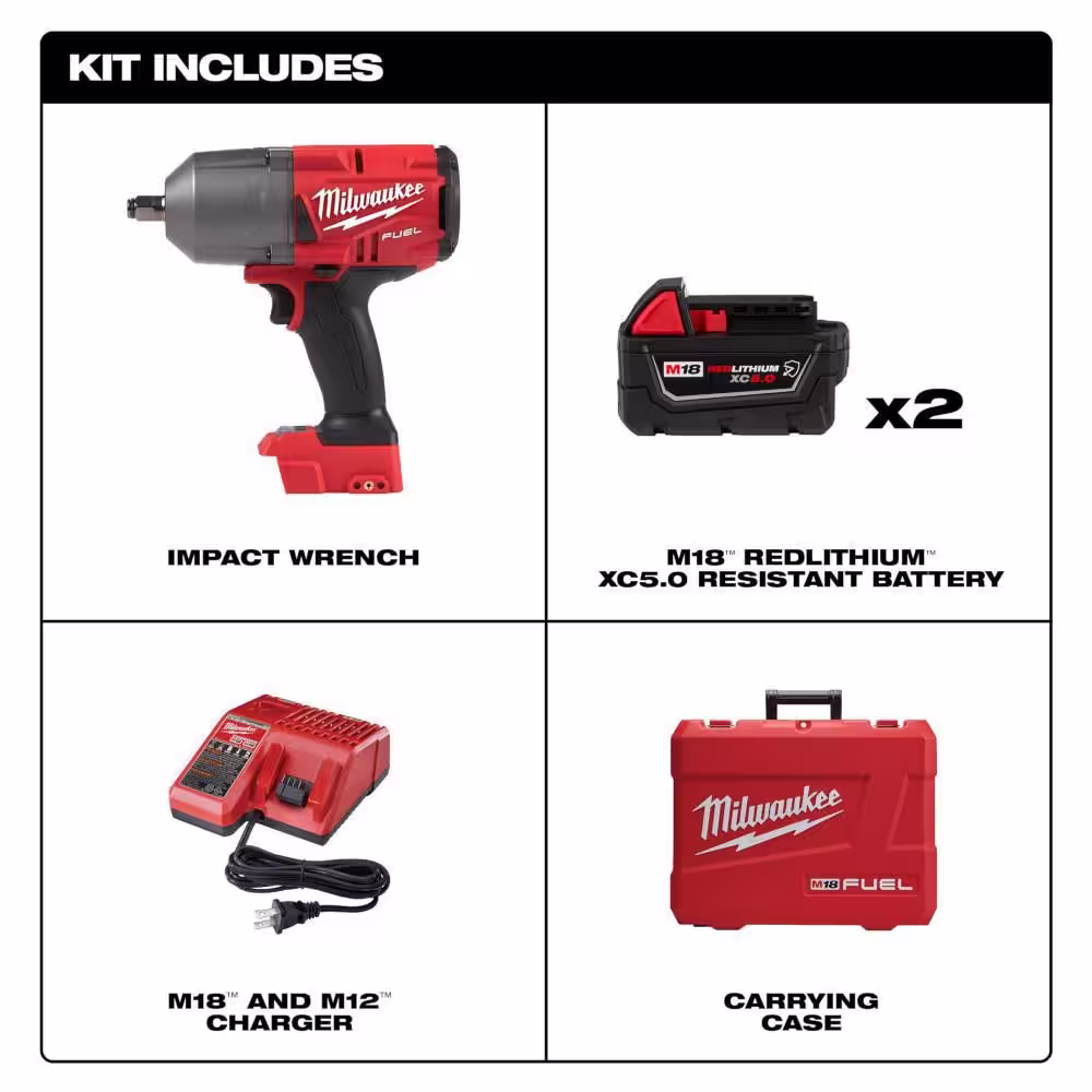 Milwaukee M18 FUEL 18-Volt Lithium-Ion Brushless Cordless 1/2 in. High-Torque Impact Wrench w/F Ring Kit, (3) Resistant Batteries