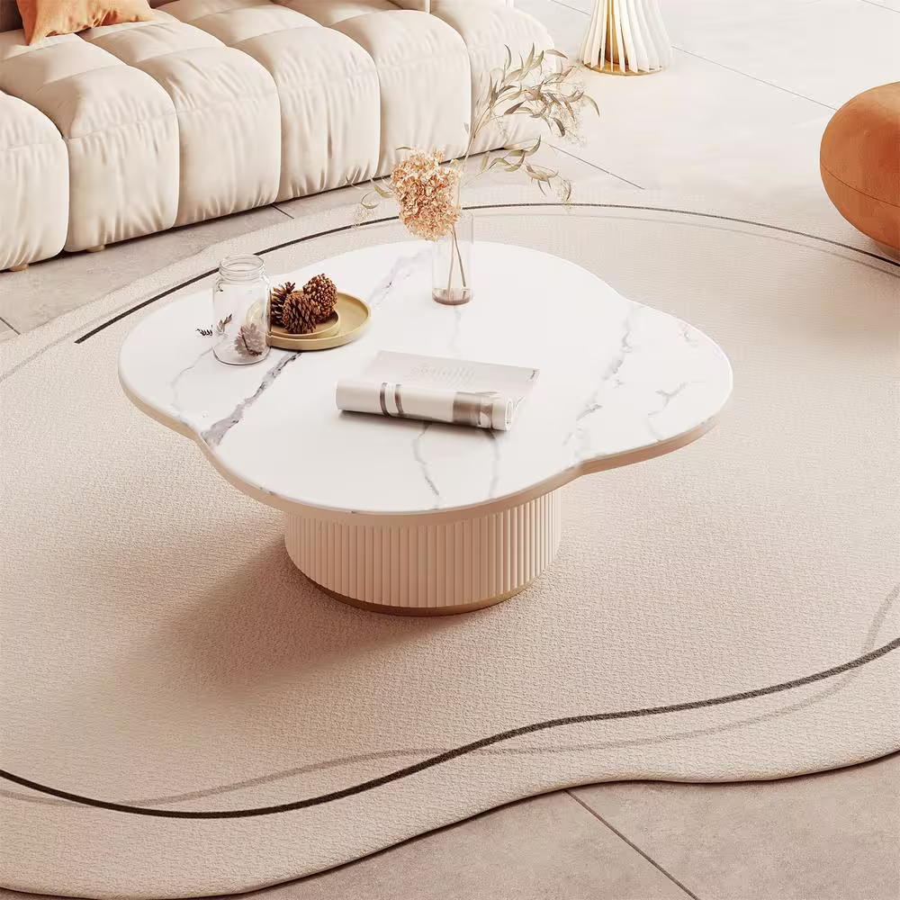 None 35 in. White Oval Shaped Sintered Stone Top Coffee Table with Wood Base