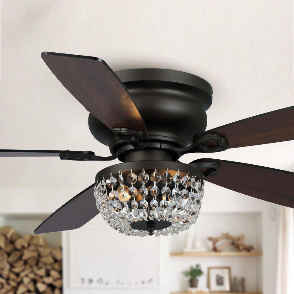 Parrot Uncle 48 in. Indoor New Bronze Flush Mount Crystal Ceiling Fan with Light Kit and Remote Control