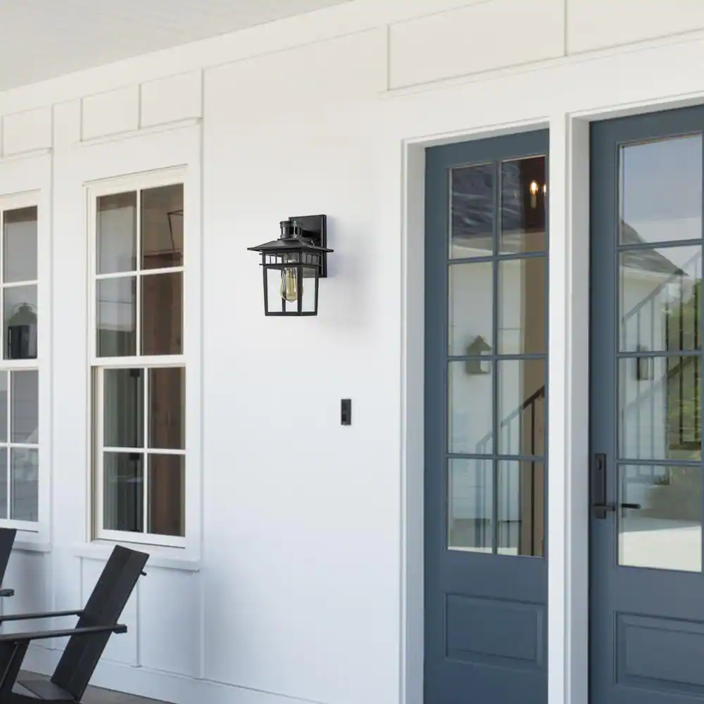 None 1-Light Matte Black Motion Sensing Dusk to Dawn Not-Solar Outdoor Wall Lantern Sconce with Clear Tempered Glass