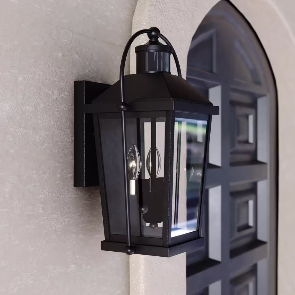 VAXCEL Lexington Aluminum Black Motion Sensor Dusk to Dawn Outdoor Wall Light Clear Glass
