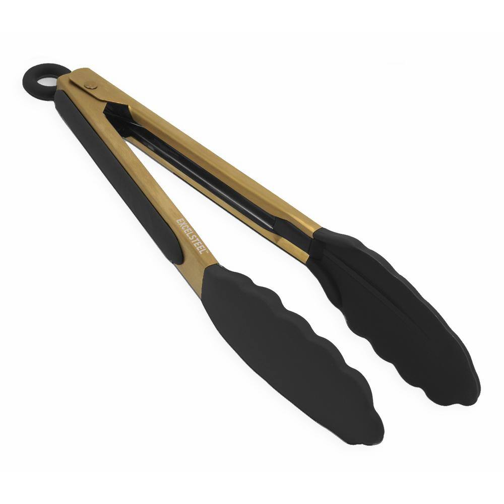ExcelSteel 9 in. S/S Gold Plated Black Silicone Tong W/Stay Cool Handle (Set of 2)